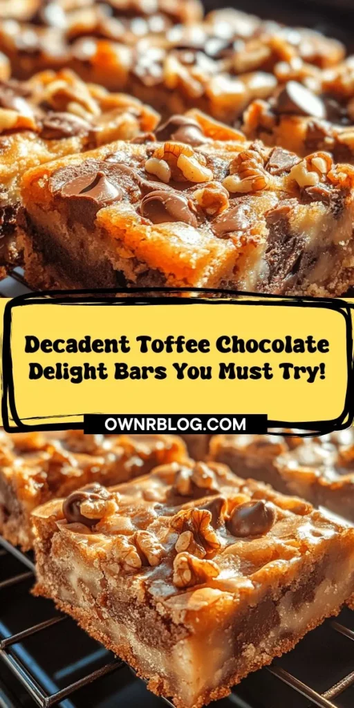 Indulge in the deliciousness of Toffee Chocolate Delight Bars, a perfect combination of gooey toffee, semi-sweet chocolate chips, and a buttery cake-like base. This simple dessert recipe is easy enough for novice bakers, yet impressive enough for any gathering. With just a few ingredients and straightforward steps, you can whip up these decadent bars that are sure to satisfy your sweet tooth. Whether shared among friends or enjoyed solo, each bite offers a delightful blend of flavors and textures. Ready to bake? Follow our guide for the perfect treat!