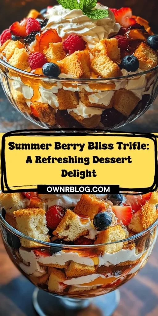 Discover the ultimate summer treat with this Delightful Berry Bliss Trifle! Layers of fresh mixed berries, soft pound cake, creamy vanilla pudding, and airy whipped cream come together for a colorful and tasty dessert perfect for any gathering. Packed with nutrients and bursting with flavor, this trifle is a delightful showstopper. Unleash your creativity by customizing it to your liking! #BerryBlissTrifle #SummerDesserts #TrifleRecipes #FreshFruitDesserts #DeliciousDesserts