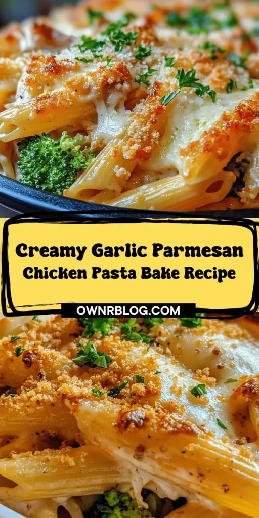 Indulge in the comforting flavors of Creamy Garlic Parmesan Chicken Pasta Bake! This easy-to-make dish combines tender chicken, creamy sauce, and crunchy breadcrumbs for a delightful meal that satisfies everyone. Perfect for family dinners or potlucks, it’s versatile enough to customize for any dietary needs. With a blend of pasta, rotisserie chicken, cheese, and veggies, this bake is a nourishing choice for any occasion. #PastaBake #ComfortFood #DinnerIdeas #EasyRecipes #FamilyMeals #CreamyPasta