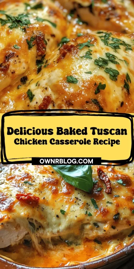 Discover the deliciousness of Baked Tuscan Chicken Casserole! This one-dish wonder blends tender chicken with creamy sauce, sun-dried tomatoes, and vibrant spinach for an Italian-inspired meal that’s perfect for family dinners, potlucks, or meal prep. With its rich flavors and comforting texture, this casserole is sure to impress everyone at the table. Enjoy it with salad or crusty bread for a complete meal! #BakedTuscanChicken #Casserole #ComfortFood #ItalianCuisine #MealPrep #FamilyDinner #HealthyEating