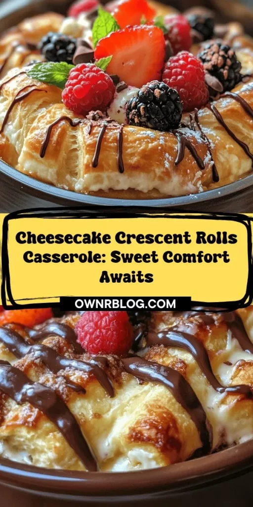 Discover the ultimate comfort dessert with this Cheesecake Crescent Rolls Casserole Delight! Combining creamy cheesecake with flaky crescent rolls, this easy recipe is perfect for any occasion, from brunches to potlucks. With a delightful blend of rich flavors and warm spices, each bite promises to satisfy your sweet cravings. Serve warm or chilled, and don’t forget to garnish with fresh berries or whipped cream for the perfect finish! #Dessert #Cheesecake #CrescentRolls #Baking #SweetTooth #Yummy