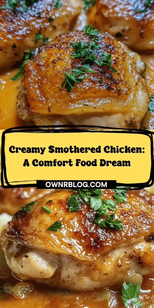 Discover the ultimate comfort food with this Creamy Smothered Chicken Delight recipe! Tender chicken thighs are coated in a rich, velvety sauce made with fresh ingredients and spices that elevate your weeknight dinners to gourmet status. Perfect over rice, mashed potatoes, or pasta, this dish is not only delicious but also easy to make. Bring warmth and flavor to your table tonight! #CreamyChicken #ComfortFood #EasyDinner #HomeCooked #RecipeIdeas #Foodie