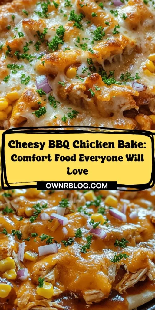 Discover the ultimate comfort food with this Cheesy BBQ Chicken Bake! Perfect for family dinners, potlucks, or game day, this casserole features tender chicken, smoky BBQ sauce, and a gooey mixture of cheddar and mozzarella cheese. Simple to prepare and adaptable to your tastes, it's a dish everyone will love. Elevate your meal with fresh vegetables and spices for added flavor. Get ready for seconds! #CheesyBBQChickenBake #ComfortFood #FamilyMeals #CasseroleRecipes #EasyDinnerIdeas #CookingAtHome