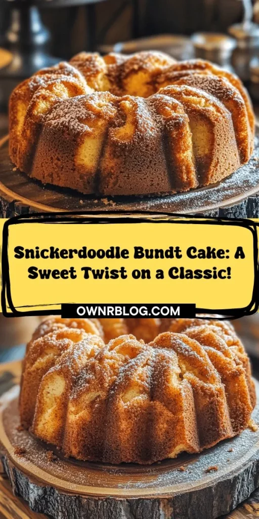 Discover the delicious Snickerdoodle Bundt Cake, where the beloved flavors of cinnamon and sugar come together in a moist, tender cake. This sophisticated twist on a classic cookie is perfect for any occasion, from family gatherings to special celebrations. With its crunchy topping and marbled texture, each slice is a delightful treat that will leave everyone asking for seconds. Try this recipe and impress your guests! #SnickerdoodleBundtCake #Baking #Dessert #Recipe #Cinnamon #BundtCake #Homemade