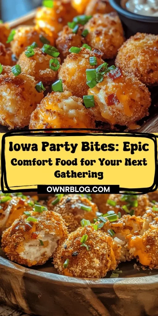 Looking for a crowd-pleasing appetizer that brings everyone together? Try Iowa Party Bites! These delicious, hearty morsels combine creamy potatoes, sharp cheddar, crispy bacon, and fresh green onions, all coated in a crunchy panko crust. Perfect for any gathering, from family reunions to game nights, they’re sure to become a favorite. Serve them warm with your choice of dips for an unforgettable experience! #IowaPartyBites #ComfortFood #Appetizers #PartySnacks