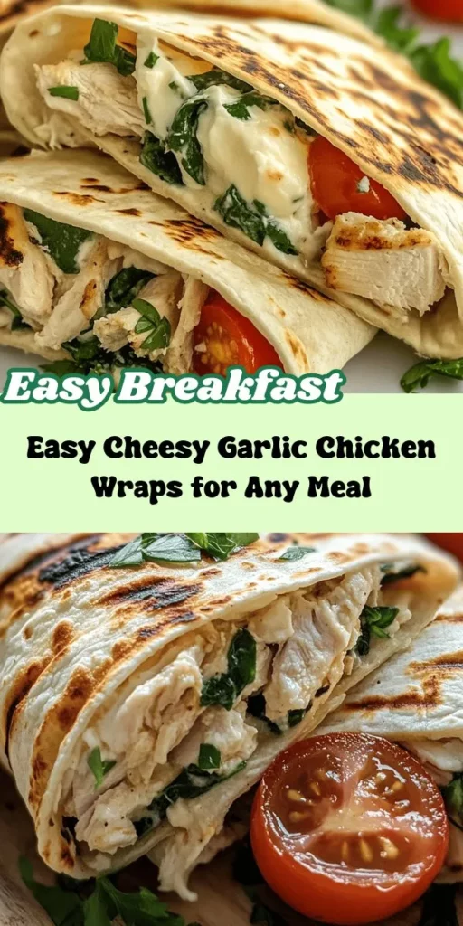 Discover the ultimate comfort food with our Cheesy Garlic Chicken Wraps! This easy recipe combines tender chicken, creamy mozzarella, and zesty garlic wrapped in a soft tortilla for a satisfying meal in no time. Perfect for lunch, dinner, or a quick snack, these wraps are customizable to suit your taste. Pair with fresh spinach and juicy cherry tomatoes to boost nutrition and flavor. Get ready to enjoy a deliciously simple dish that's sure to impress your family and friends. Try it out today and elevate your wrap game!