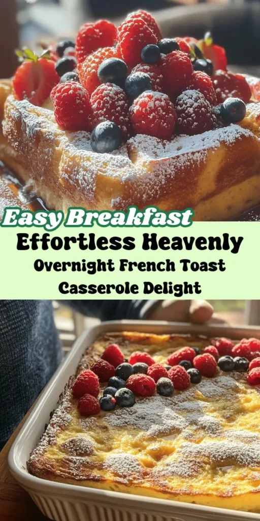 Wake up to a comforting and delicious breakfast with this Heavenly Overnight French Toast Casserole. Perfect for brunch gatherings, this easy recipe combines buttery brioche or challah bread with a rich custard infused with warm spices like cinnamon and nutmeg. Prep it the night before for a hassle-free morning, and let the flavors meld together for a truly irresistible dish. Top with maple syrup and fresh berries for a delightful finish. Whether for special occasions or cozy family breakfasts, this casserole is sure to impress! Discover the joy of sharing this heartwarming meal with loved ones.