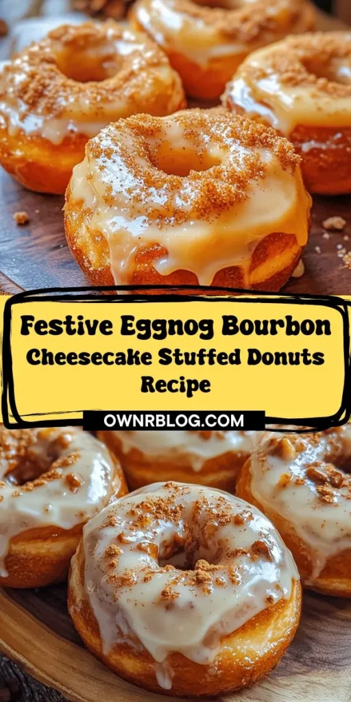 Get ready for the sweetest holiday treat with these Eggnog Bourbon Cheesecake Stuffed Glazed Donuts! Perfect for festive gatherings, these warm, fluffy donuts are filled with rich eggnog bourbon cheesecake and topped with a glossy glaze. With the cozy flavors of nutmeg and cinnamon, they capture the spirit of the season in every bite. Whether you're hosting a party or looking for a special dessert to share with family and friends, these delightful donuts are sure to impress. Discover the joy of baking and indulge in this unique holiday dessert that brings a festive twist to your celebrations!