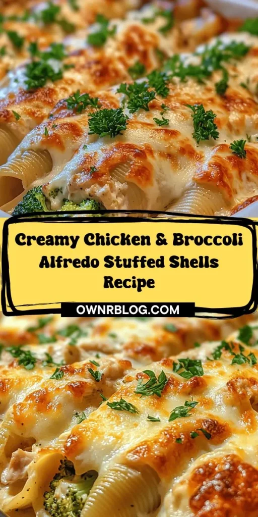 Discover the ultimate comfort food with our Dreamy Chicken & Broccoli Alfredo Stuffed Shells recipe! This delightful dish combines large pasta shells filled with a creamy blend of shredded chicken, broccoli, and cheeses, all smothered in a rich Alfredo sauce. Perfect for family dinners or gatherings, it's as nutritious as it is delicious. Customize it to your taste and enjoy a well-balanced meal that's sure to impress! #ComfortFood #PastaRecipe #HealthyEating #DinnerIdeas #FamilyMeals