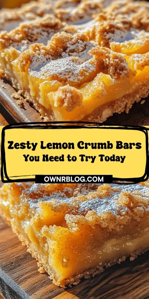 Looking for a refreshing and delightful dessert? Try these Zesty Lemon Crumb Bars! This easy-to-follow recipe brings together a tangy lemon filling and a buttery crumbly crust, making it a perfect treat for any occasion. Ideal for summer picnics or family gatherings, these bars not only taste amazing but also offer health benefits like vitamin C and antioxidants. Whether you're an expert in the kitchen or just starting out, you'll impress everyone with this zesty indulgence. Check out our guide for step-by-step instructions and tips to customize your bars to your taste! Enjoy the bright flavors and scrumptious texture of these lemony delights!