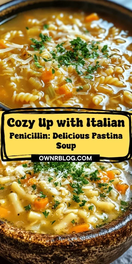 Discover the warmth of Italian Penicillin with this comforting Pastina Soup recipe! Perfect for cozy nights or when you're under the weather, this simple dish combines nourishing chicken broth, tiny pastina pasta, and fresh herbs for a wholesome experience. Easy to make and packed with flavors, it’s a true childhood favorite for many. Dive into this heartwarming recipe that embodies love and tradition. #PastinaSoup #ComfortFood #ItalianCuisine #HomeCooking #HealthyRecipes #Foodie #SoupSeason #ItalianPenicillin