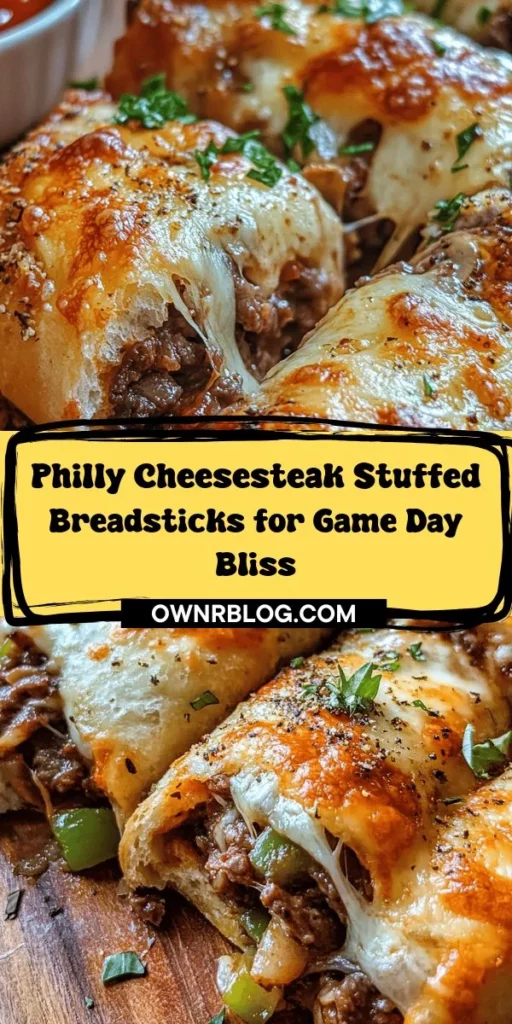 Savor the amazing flavors of Philly Cheesesteak Stuffed Cheesy Breadsticks! This delicious twist on the classic cheesesteak combines tender steak, sautéed veggies, and melty cheese wrapped in crispy breadsticks. Perfect for game days, family dinners, or gatherings, these mouthwatering treats will impress everyone. Follow our simple recipe to delight in this tasty fusion of flavors! #CheesyBreadsticks #PhillyCheesesteak #AppetizerRecipes #DeliciousEats #ComfortFood #GameDaySnacks