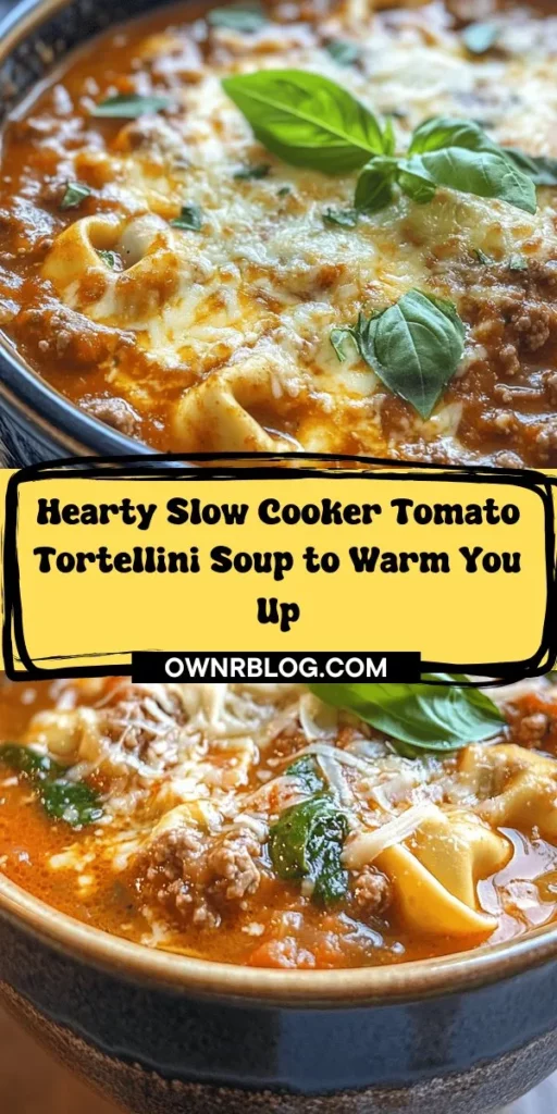 Warm up this winter with a bowl of Slow Cooker Tomato Tortellini Soup packed with ground beef, fresh spinach, and delicious tomato flavors. Perfect for busy families, this hearty recipe combines ease and satisfaction. Simply prep your ingredients, set your slow cooker, and let the magic happen! Ideal for meal prepping, this cozy soup will become a go-to favorite. Try it with crusty bread and fresh herbs! #SlowCooker #SoupRecipe #ComfortFood #Tortellini #WinterWarmers #MealPrep #HomemadeSoup