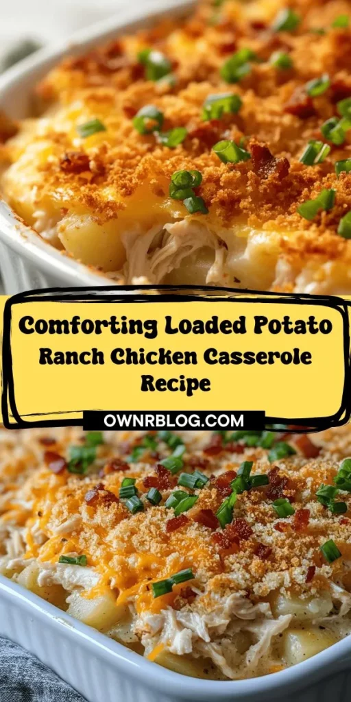 Looking for a comforting meal that the whole family will love? Try this Loaded Potato Ranch Chicken Casserole! Packed with tender chicken, creamy ranch dressing, and delicious potatoes, it's topped with melty cheese and crispy bacon for an irresistible flavor. Perfect for weeknight dinners or potlucks, this versatile casserole can be customized to fit your family's tastes. With easy preparation and minimal cleanup, you'll be spending more time enjoying great food and less time in the kitchen. Prepare to create a satisfying dish that everyone will want seconds of!