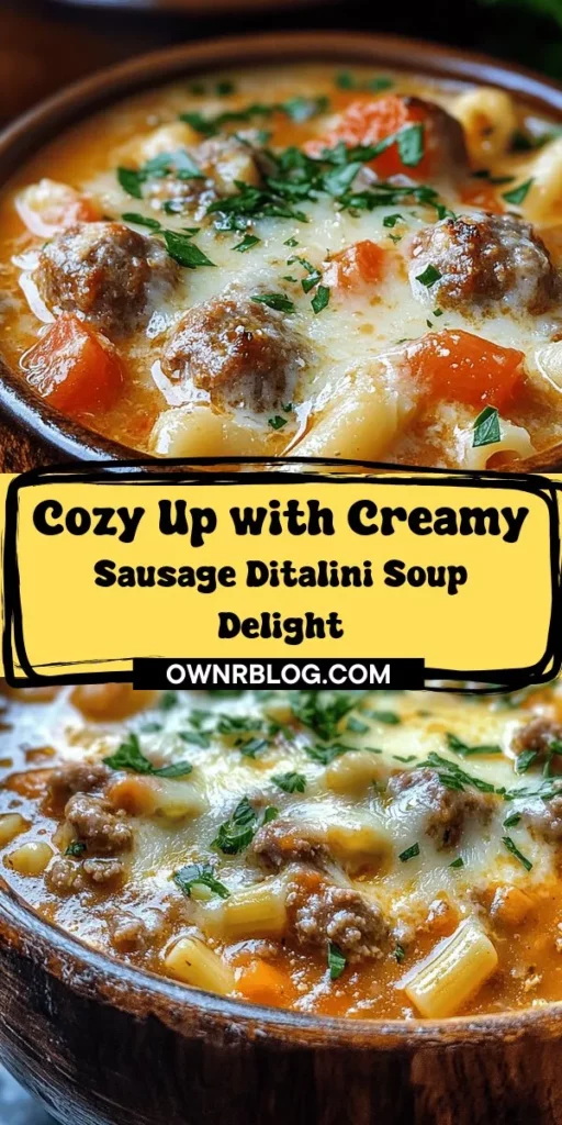 Warm up your evenings with a bowl of creamy Parmesan Italian sausage ditalini soup! This comforting dish combines rich flavors from Italian sausage, vibrant vegetables, and creamy broth, making it perfect for family dinners or cozy nights at home. With simple ingredients, this easy-to-follow recipe delivers a hearty meal that satisfies. Customize with your favorite pasta shapes, add a touch of spice, or lighten it up with healthy alternatives. Pair it with crusty bread or a refreshing salad for a delightful dining experience. Dive into this delicious comfort food and enjoy every spoonful!