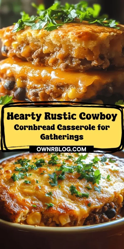 Discover the heartwarming flavors of Rustic Cowboy Cornbread Casserole, the perfect dish for family dinners or gatherings with friends! This one-dish wonder combines a golden cornbread topping with a savory filling of ground beef, black beans, and fresh veggies. Easy to prepare and packed with nutrients, it's sure to satisfy everyone at the table. Get ready to enjoy a taste of Southwestern comfort food! #CowboyCasserole #ComfortFood #Cornbread #HeartyMeals #RecipeIdeas