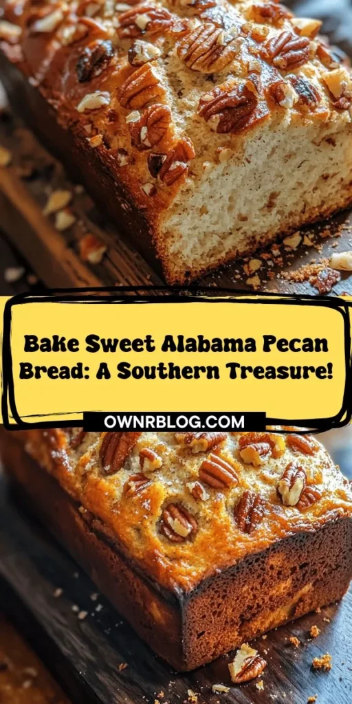 Dive into the sweet and nutty flavors of Sweet Alabama Pecan Bread, a delightful Southern treasure! Perfect for bakers of all levels, this recipe celebrates Alabama's rich culinary heritage with its delicious blend of pecans, warm spices, and a touch of sweetness. Enjoy it for breakfast, as a snack, or with your favorite coffee. Join the tradition of sharing this comforting loaf with loved ones. #PecanBread #SouthernBaking #HomemadeDelights #BakingJoy #AlabamaRecipes