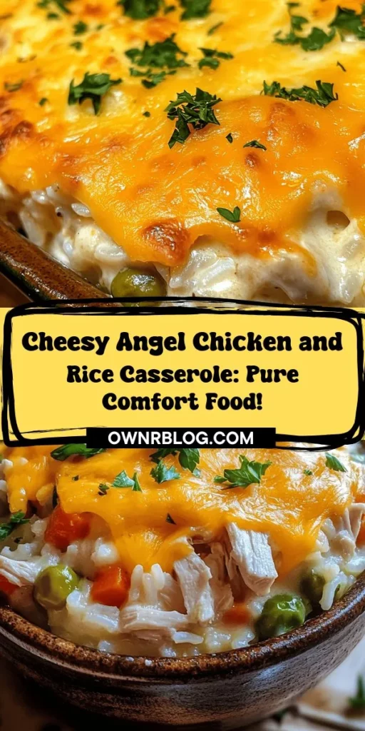 Comfort food takes center stage with this Cheesy Angel Chicken and Rice Casserole! Perfect for busy nights, this dish combines tender chicken, creamy soup, and melted cheddar cheese with wholesome rice and colorful veggies. Easy to prepare and great for feeding the family, it’s bound to become a new favorite. Serve with a fresh salad for a balanced meal! Discover this comforting recipe today! #ComfortFood #CasseroleRecipe #FamilyDinner #CheesyGoodness #EasyMeals #DeliciousEats