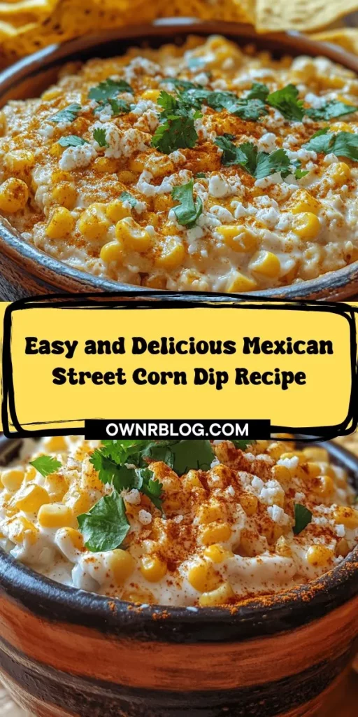 Discover the vibrant flavors of Mexican Street Corn with this easy and delicious dip recipe! Perfect for any gathering, this creamy concoction combines sweet grilled corn, tangy lime, rich mayonnaise, and crumbly cotija cheese. Serve it with tortilla chips or fresh veggies for a crowd-pleaser that highlights the essence of traditional elote. Elevate your next party with this unforgettable dip! #MexicanStreetCornDip #Elote #PartyFood #DipRecipes #CrowdPleaser #Appetizers #SnackTime