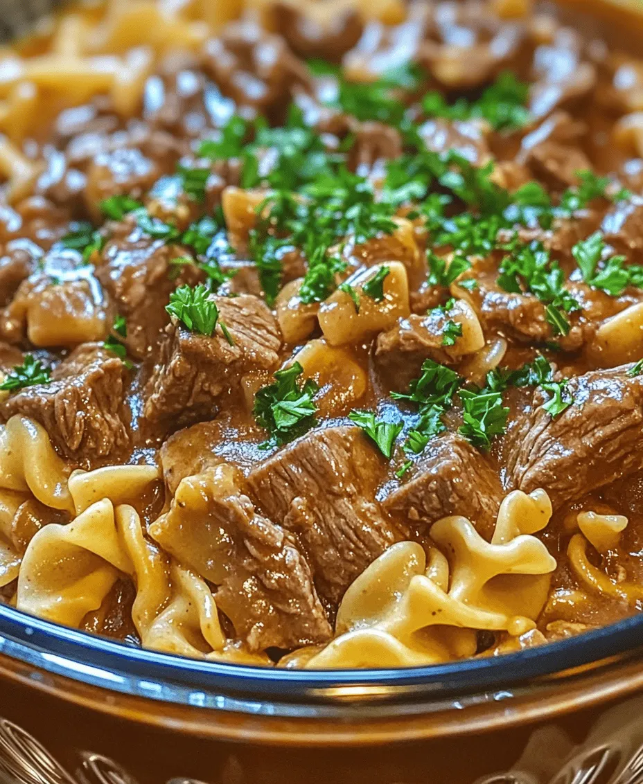 When the chill of winter settles in or life’s stresses begin to pile up, there’s nothing quite like a hearty, comforting meal to lift your spirits and warm your soul. Enter the <strong></noscript>Comforting Crockpot Beef Tips & Noodles</strong>—a dish that encapsulates the essence of comfort food. This recipe marries tender beef with rich, savory flavors, all wrapped up in the satisfaction of egg noodles. It’s the perfect concoction that not only nourishes the body but also provides that much-needed emotional balm after a long day.” /></p>
</p>
<h3>How Mushrooms Contribute to the Overall Dish</h3>
</p>
<p>Mushrooms are a vital component of the Comforting Crockpot Beef Tips & Noodles, adding depth and richness to the dish. Their earthy flavor complements the savory notes of the beef, creating a harmonious blend that enhances the overall taste profile. Mushrooms also have a unique ability to absorb flavors, meaning they soak up the delicious broth as it cooks, infusing each bite with umami goodness.</p>
</p>
<p>In addition to their flavor contributions, mushrooms also contribute to the texture of the dish. As they cook slowly in the crockpot, they become tender, providing a delightful contrast to the beef and noodles. Furthermore, mushrooms are a great source of vitamins and minerals, including B vitamins, selenium, and potassium, making them a nutritious addition to this comforting meal.</p>
</p>
<h3>Crockpot Cooking Process</h3>
</p>
<h4>Setting Up the Crockpot</h4>
</p>
<p>To begin, ensure your crockpot is clean and prepped for use. Gather all your ingredients and have them ready to go. Place the cubed beef at the bottom of the crockpot, followed by the sliced onions and mushrooms. This layering is essential as it allows the beef to sit in the juices, promoting even cooking. Next, add in your broth and seasonings, stirring gently to combine all the ingredients.</p>
</p>
<h4>Explanation of Low vs. High Cooking Settings</h4>
</p>
<p>One of the most significant advantages of using a crockpot is the ability to choose between low and high cooking settings. The low setting is perfect for slow cooking, allowing flavors to meld beautifully over an extended period. This method is ideal for tougher cuts of beef, as the low heat helps break down the connective tissues, resulting in tender meat.</p>
</p>
<p>Conversely, the high setting cooks the dish faster but may not yield the same depth of flavor. For this recipe, if you’re short on time, the high setting can be used, but aim for at least 4 hours of cooking time for tender beef.</p>
</p>
<h4>Ideal Cooking Times for Tender Beef</h4>
</p>
<p>For the best results, cook your beef tips on low for 6-8 hours or on high for 4-5 hours. The longer cooking time allows the meat to become fork-tender, enhancing the overall enjoyment of the dish. As a general rule, always check the beef for tenderness before serving; you want it to be easily shredded with a fork.</p>
</p>
<h4>The Thickening Process</h4>
</p>
<p>Once your beef tips are cooked to perfection, it’s time to thicken the sauce for that rich, comforting consistency.</p>
</p>
<h4>Understanding the Role of Cornstarch in Sauces</h4>
</p>
<p>Cornstarch serves as a fantastic thickening agent, creating a velvety sauce that clings beautifully to the beef and noodles. When mixed with water to create a slurry, cornstarch allows you to control the thickness of your sauce without altering the flavor.</p>
</p>
<h4>When and How to Add the Thickening Slurry</h4>
</p>
<p>To thicken your sauce, mix 2 tablespoons of cornstarch with 2 tablespoons of cold water in a small bowl until smooth. About 30 minutes before serving, stir the slurry into the crockpot. This timing allows the cornstarch to activate and thicken the sauce without overcooking the beef. Stir well to combine, ensuring the slurry is evenly distributed, and cover the crockpot to let it thicken.</p>
</p>
<h4>Cooking Egg Noodles in the Crockpot</h4>
</p>
<p>Cooking the egg noodles directly in the crockpot is a convenient way to incorporate them into your meal.</p>
</p>
<h4>Timing for Adding Noodles to Achieve Perfect Texture</h4>
</p>
<p>Approximately 15-20 minutes before serving, add the uncooked egg noodles to the crockpot. Ensure they are submerged in the sauce for even cooking. This timing allows the noodles to cook through without becoming mushy, maintaining an ideal texture.</p>
</p>
<h4>Stirring Techniques for Even Cooking</h4>
</p>
<p>Stir the noodles gently after adding them to the pot to ensure they are evenly coated and cooking properly. Avoid over-stirring, which could break the noodles apart. Cover the crockpot and let the noodles absorb the flavorful sauce, creating a beautifully cohesive dish.</p>
</p>
<h3>Serving Suggestions</h3>
</p>
<h4>Presentation Tips for Serving Beef Tips and Noodles</h4>
</p>
<p>When it comes to serving your Comforting Crockpot Beef Tips & Noodles, presentation matters. Use a large, shallow bowl to showcase the noodles and beef. Ladle the thickened sauce generously over the top, allowing the rich color to shine through. For an inviting touch, consider adding a few extra mushrooms or beef tips on top for visual appeal.</p>
</p>
<h4>Importance of Garnishing with Fresh Parsley</h4>
</p>
<p>A sprinkle of fresh parsley not only enhances the dish’s visual appeal but also adds a pop of freshness that balances the richness of the beef and sauce. Simply chop some fresh parsley and scatter it over the dish just before serving for a vibrant finish.</p>
</p>
<h4>Suggestions for Side Dishes or Beverages That Complement the Meal</h4>
</p>
<p>To create a well-rounded meal, consider serving a light side salad with a tangy vinaigrette or steamed vegetables, such as green beans or broccoli, to contrast the hearty flavors of the beef. A slice of crusty bread is perfect for soaking up the delicious sauce. For beverages, a glass of red wine, such as a Cabernet Sauvignon or Merlot, pairs beautifully with beef dishes, while a refreshing iced tea or sparkling water can provide a lighter option.</p>
</p>
<h4>Creating a Comforting Dining Experience at Home</h4>
</p>
<p>Transform your dining experience into a comforting retreat by setting the table with warm colors and cozy décor. Dim the lights, play soft music, and encourage family and friends to gather around for a delightful meal. Sharing this dish will surely create a warm atmosphere, fostering connection and conversation.</p>
</p>
<h3>Nutritional Information</h3>
</p>
<h4>Overview of Nutritional Benefits of the Dish</h4>
</p>
<p>Comforting Crockpot Beef Tips & Noodles is not just a delicious meal; it also provides several nutritional benefits, making it a satisfying choice for any gathering or cozy evening at home.</p>
</p>
<h4>Protein Content from Beef</h4>
</p>
<p>Beef is an excellent source of high-quality protein, essential for muscle growth and repair. A serving of beef tips can provide around 25 grams of protein, making it a filling and nutritious option.</p>
</p>
<h4>Carbohydrates from Egg Noodles</h4>
</p>
<p>Egg noodles are a source of carbohydrates, providing energy for your body. They complement the beef and sauce perfectly, creating a balanced meal. Depending on your serving size, a typical portion of egg noodles contributes approximately 30 grams of carbohydrates.</p>
</p>
<h4>Vitamins from Vegetables Used in the Recipe</h4>
</p>
<p>Mushrooms and onions, two key ingredients in this dish, are loaded with vitamins and minerals. Mushrooms offer B vitamins, which are important for energy metabolism, while onions provide antioxidants and vitamins C and B6. These vegetables not only contribute to the flavor but also add nutritional value to the meal.</p>
</p>
<h4>Considerations for Dietary Adjustments (e.g., Gluten-Free Noodles)</h4>
</p>
<p>For those with dietary restrictions, consider swapping out traditional egg noodles for gluten-free options made from rice or quinoa. This simple substitution allows everyone to enjoy this comforting dish, regardless of dietary needs.</p>
</p>
<h3>Conclusion</h3>
</p>
<p>In summary, Comforting Crockpot Beef Tips & Noodles is more than just a meal; it’s an experience that brings warmth and satisfaction to your dining table. The rich flavors, tender beef, and hearty noodles make it a perfect choice for family gatherings or cozy nights in when you want something comforting and fulfilling.</p>
</p>
<p>This dish exemplifies the joys of slow cooking, allowing you to prepare a delicious meal with minimal effort. As the aromas fill your home, they invite everyone to the table for a shared experience that fosters connection and conversation. We encourage you to try this recipe and savor the delightful combination of flavors it offers. The joy of cooking and sharing meals with loved ones is a cherished experience that creates lasting memories. Enjoy the comfort of this dish and the pleasure it brings to your home.</p>
<div id=