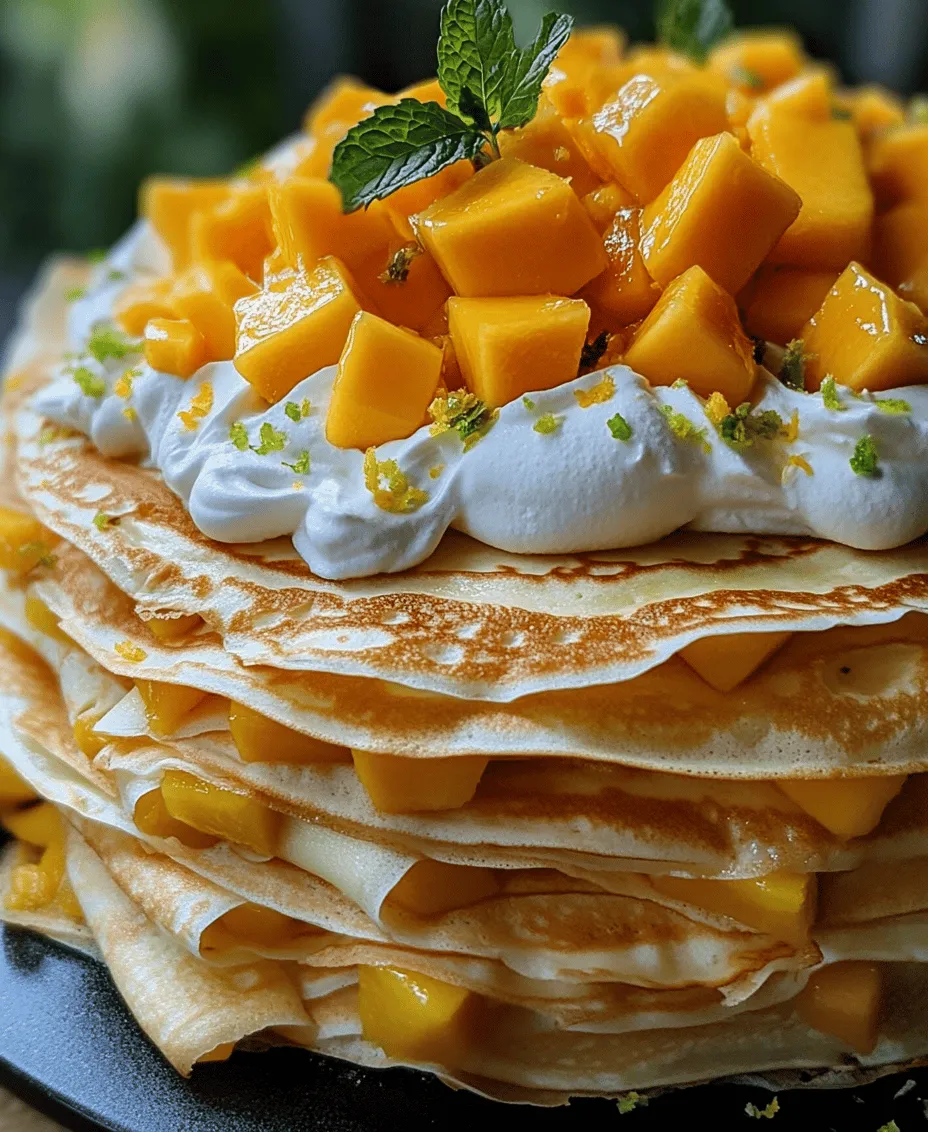 Welcome to the world of the Mango Paradise Crepe Cake, a stunning dessert that combines delicate layers of thin, soft crepes with a luscious mango filling. This cake is not just a treat for your taste buds, but also a feast for the eyes, boasting vibrant colors and a tropical flair that makes it the perfect centerpiece for any occasion, from birthday parties to summer gatherings. The harmonious blend of fresh mango and zesty lime infuses this dessert with a refreshing flavor that evokes sunny days and warm breezes, making it a favorite among dessert lovers.