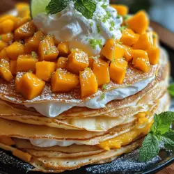 Welcome to the world of the Mango Paradise Crepe Cake, a stunning dessert that combines delicate layers of thin, soft crepes with a luscious mango filling. This cake is not just a treat for your taste buds, but also a feast for the eyes, boasting vibrant colors and a tropical flair that makes it the perfect centerpiece for any occasion, from birthday parties to summer gatherings. The harmonious blend of fresh mango and zesty lime infuses this dessert with a refreshing flavor that evokes sunny days and warm breezes, making it a favorite among dessert lovers.