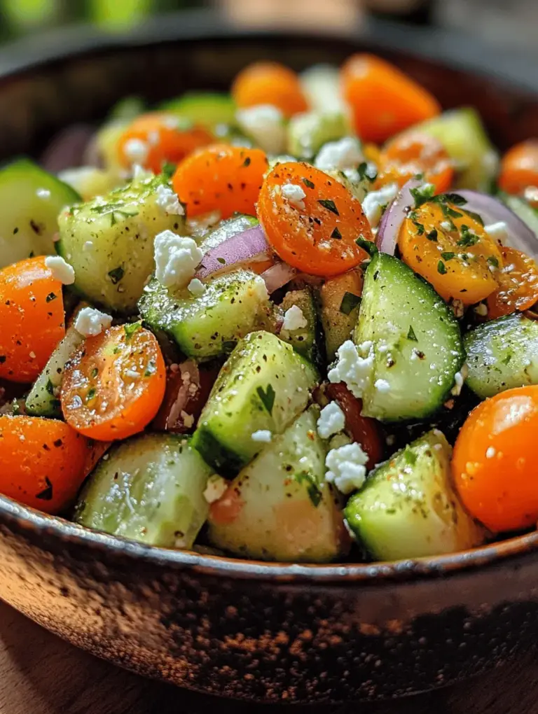 The beauty of the Refreshing Cucumber Avocado Salad lies in its simplicity and the health benefits each ingredient brings. As we navigate through our busy lives, finding meals that are nutritious yet quick to prepare can be a challenge. This salad not only meets that need but also delights with its array of textures and flavors. The crispness of cucumbers pairs beautifully with the creaminess of avocados, while the cherry tomatoes add a burst of sweetness, making each bite a delightful experience.