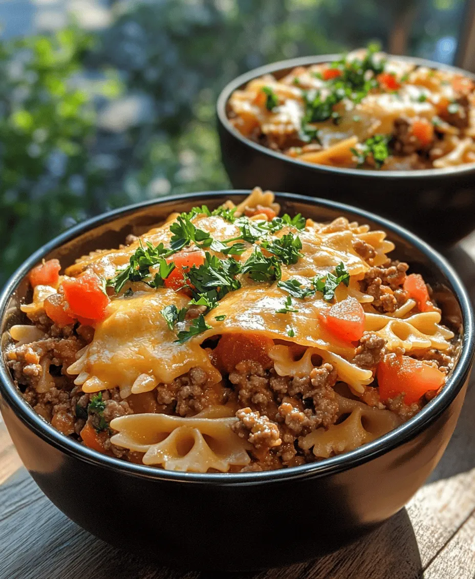 When it comes to preparing a meal that the whole family will love, few dishes can compete with the creamy indulgence of <strong></noscript>Creamy Velveeta Beef Bowtie Delight</strong>. This dish combines the rich, velvety texture of Velveeta cheese with savory ground beef and perfectly cooked bowtie pasta, creating a comforting meal that is not only delicious but also incredibly satisfying. Ideal for busy weeknights, this recipe can be whipped up in no time, making it a go-to choice for families looking to enjoy a hearty dinner together.” /></p>
</p>
<h3>Creating the Sauce</h3>
</p>
<p>To create the rich sauce for your Creamy Velveeta Beef Bowtie Delight, start by combining your canned tomatoes and beef broth in a large saucepan. Use crushed tomatoes for a smoother texture or diced tomatoes for a chunkier sauce—both options work beautifully. Heat the mixture over medium heat until it begins to simmer. This step is crucial; simmering allows the flavors to meld together, creating a more complex and satisfying sauce.</p>
</p>
<p>Once your tomato and broth mixture is simmering, you can add in chopped onions and minced garlic. These aromatics not only enhance the flavor profile but also provide a wonderful aroma that fills your kitchen with warmth. Allow the mixture to simmer for at least 10-15 minutes, stirring occasionally. This process helps the onions soften and the flavors to become more pronounced, resulting in a delicious foundation for your dish.</p>
</p>
<h3>Incorporating Seasoning</h3>
</p>
<p>Seasoning is the key to elevating your dish from simple to sensational. As your sauce simmers, now is the time to add your selected seasonings. Consider using a combination of salt, black pepper, Italian seasoning, and perhaps a pinch of red pepper flakes for a touch of heat. Each seasoning contributes to the overall flavor, so feel free to adjust according to your personal taste preference.</p>
</p>
<p>Let the sauce simmer for an additional 5-10 minutes after adding the seasonings. This allows the spices to infuse into the sauce fully, enhancing each bite with a burst of flavor. Taste your sauce before proceeding to ensure it has the right balance of savory notes. If needed, adjust the seasoning to achieve your desired flavor profile.</p>
</p>
<h3>Making it Creamy</h3>
</p>
<p>The star of the show in this recipe is undoubtedly the Velveeta cheese. To achieve a creamy consistency, cut the Velveeta into cubes for easier melting. Once your sauce has simmered and the flavors have melded, reduce the heat to low and gradually add the cheese into the saucepan. Stir constantly to help the cheese melt evenly into the sauce.</p>
</p>
<p>This technique is essential for achieving that velvety texture we crave in comfort food. As the Velveeta melts, it will blend seamlessly with the tomato and seasoning mixture, creating a luscious sauce that coats the pasta beautifully. If the sauce seems too thick, you can add a splash of milk or additional broth to reach your desired consistency.</p>
</p>
<h3>Final Assembly</h3>
</p>
<p>Once your cheese has melted entirely into the sauce, it’s time to bring everything together. In a large mixing bowl, combine your cooked bowtie pasta with the creamy sauce. It’s important to ensure that every piece of pasta is coated with the sauce for the best flavor experience. Use a spatula to gently fold the pasta into the sauce, being careful not to break the pasta shapes.</p>
</p>
<p>Next, take your sour cream and add it to the mixture. The sour cream adds a lovely tanginess that balances the richness of the cheese. Fold it in gently until well incorporated. This final touch not only enhances the creaminess but also adds a depth of flavor that makes this dish truly delightful.</p>
</p>
<h3>Nutritional Benefits of the Ingredients</h3>
</p>
<p>When preparing Creamy Velveeta Beef Bowtie Delight, it’s essential to consider the nutritional aspects of the key ingredients used in the recipe.</p>
</p>
<p><strong>Ground Beef</strong>: A primary source of protein, ground beef is a staple in many households. Opting for lean ground beef can significantly reduce the fat content while still providing the necessary protein for muscle maintenance and overall health. For a healthier alternative, consider using ground turkey or chicken.</p>
</p>
<p><strong>Cheeses</strong>: Velveeta cheese is known for its smooth melting qualities, making it ideal for creamy dishes. While it offers a good source of calcium, it’s also higher in sodium. Pairing it with cheddar cheese can enhance flavor and provide additional nutrients. Cheddar is rich in protein and calcium, supporting bone health and muscle function.</p>
</p>
<p><strong>Pasta</strong>: Bowtie pasta, like many types of pasta, is primarily a source of carbohydrates, which are essential for energy. Whole grain pasta options are available, providing added fiber that aids in digestion and keeps you feeling fuller longer.</p>
</p>
<p><strong>Vegetables</strong>: Onions and garlic, though often overlooked, bring significant health benefits to your meal. Onions are rich in antioxidants and may have anti-inflammatory properties, while garlic is known for its immune-boosting abilities. Including these vegetables in your cooking not only enhances flavor but also adds nutritional value.</p>
</p>
<h3>Serving Suggestions</h3>
</p>
<p>Presenting Creamy Velveeta Beef Bowtie Delight can elevate your dining experience. Consider serving it in a large, decorative bowl to emphasize the creamy texture and colorful ingredients. A sprinkle of freshly chopped parsley on top adds a nice touch of color and a hint of freshness that brightens the dish.</p>
</p>
<p>For a well-rounded meal, consider pairing this pasta dish with a simple side salad. A fresh green salad with a light vinaigrette can provide a refreshing contrast to the creamy pasta. Alternatively, garlic bread is a classic side that complements the richness of the dish beautifully, providing a satisfying crunch.</p>
</p>
<p>If you’re preparing this meal for a larger gathering, consider adjusting the serving sizes. This recipe can easily be doubled or tripled, ensuring that everyone leaves the table satisfied. When entertaining, it’s also a good idea to keep some extra sauce on hand to serve alongside the pasta, allowing guests to customize their plates.</p>
</p>
<h3>Variations and Customizations</h3>
</p>
<p>One of the beauties of Creamy Velveeta Beef Bowtie Delight is its versatility. Feel free to modify the recipe to cater to your family’s tastes or dietary preferences.</p>
</p>
<p><strong>Vegetarian Options</strong>: If you’re looking to make the dish vegetarian, consider replacing the ground beef with plant-based alternatives, such as lentils, chickpeas, or a meat substitute like crumbled tofu or tempeh. These options provide protein while keeping the dish satisfying and delicious.</p>
</p>
<p><strong>Spice Level</strong>: Adjusting the heat level of your dish can cater to different palates. If you prefer a milder flavor, reduce or omit the red pepper flakes. Conversely, for those who enjoy a kick, consider adding some diced jalapeños or a splash of hot sauce to the sauce.</p>
</p>
<p><strong>Cheese Alternatives</strong>: For those who are lactose intolerant or simply prefer different flavors, there are several cheese alternatives available. Look for lactose-free cheese options, or try using a combination of mozzarella and cream cheese for a similar creamy texture. Nutritional yeast is also a great option for adding a cheesy flavor without dairy.</p>
</p>
<h3>Conclusion</h3>
</p>
<p>Creamy Velveeta Beef Bowtie Delight stands out as a versatile, family-friendly dish that effortlessly balances convenience and flavor. With its creamy sauce, hearty beef, and comforting pasta, this recipe is perfect for casual weeknight dinners or more festive gatherings. The flexibility to modify and customize the dish means it can cater to various dietary preferences and taste profiles.</p>
</p>
<p>As you embark on the journey of making this delightful recipe, remember to enjoy the process and savor the moments spent in the kitchen. Whether it’s a cozy family meal or a gathering with friends, this dish is sure to bring smiles and satisfaction to the table. Don’t hesitate to share it with your loved ones and create lasting memories around delicious food.</p>
<div id=