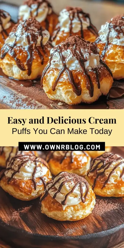 Indulge in the delightful world of cream puffs with this easy recipe! Made from light and airy choux pastry, these pastries are perfect for filling with whipped cream, pastry cream, or even ice cream. Discover tips for perfecting your puffs, including key ingredients like butter and eggs. Elevate your dessert game with creative garnishes and presentation ideas. Perfect for every occasion! #CreamPuffs #Baking #Desserts #ChouxPastry #PastryMaking #SweetTreats #HomemadeDelights