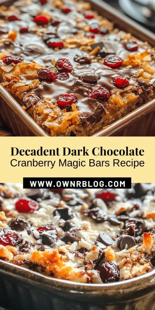 Experience the indulgence of Dark Chocolate Cranberry Magic Bars with this easy and delicious recipe! Perfect for any occasion, these bars combine rich dark chocolate, tart cranberries, and a chewy coconut texture for a flavor explosion. They're simple to make and require minimal ingredients, making them a great option for both novice bakers and pros. Treat yourself and impress your guests with this delightful dessert! #DessertRecipes #Baking #ChocolateLovers #SweetTreats #EasyRecipes #DessertGoals #MagicBars