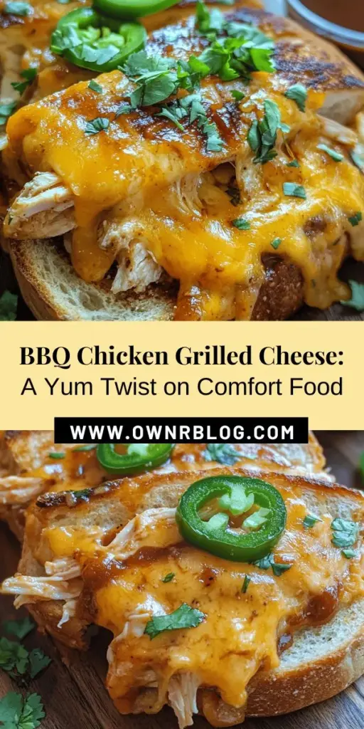 Transform your grilled cheese game with this BBQ Chicken Grilled Cheese recipe! Combining smoky BBQ chicken with melty cheddar on crispy sourdough, this sandwich elevates comfort food to a whole new level. Perfect for lunch or dinner, it's customizable with different BBQ sauces and optional jalapeños for some heat. Easy to make and oh-so-delicious, it’s sure to please everyone. Give it a try! #GrilledCheese #BBQChicken #ComfortFood #SandwichRecipe #Foodie