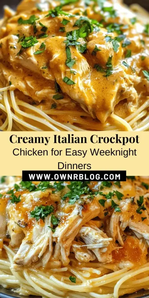 Discover the comfort of Italian cuisine with this Creamy Italian Crockpot Chicken recipe! Perfectly tender chicken is slow-cooked with rich cream of chicken soup, cream cheese, and a blend of Italian spices for a meal that's full of flavor and easy prep. Serve it over delicate angel hair pasta for a delightful family dinner. Enjoy minimal kitchen time and maximum taste, letting you spend quality moments with loved ones. #CrockpotRecipes #ItalianCuisine #ComfortFood #EasyDinner #FamilyMeals #Foodie #SlowCooker #ChickenRecipes