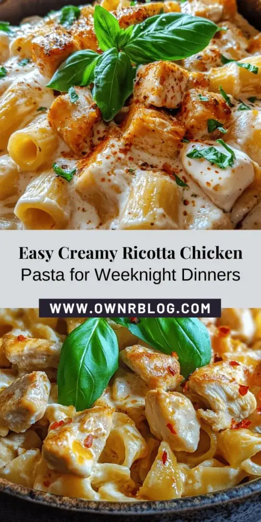 Indulge in the comforting and sophisticated flavors of Creamy Ricotta Chicken Pasta, a dish that's perfect for busy weeknights and dinner parties alike. This creamy, protein-packed meal features tender chicken and pasta enveloped in a luscious ricotta cheese sauce, enhanced with Italian herbs and fresh vegetables. In under 30 minutes, you can create a nourishing dish that delights everyone at the table. Try it tonight! #PastaRecipes #DinnerIdeas #ComfortFood #ItalianCuisine #HealthyEating