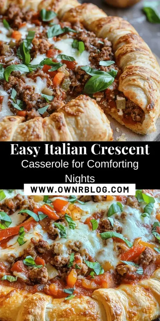 Discover the comfort of Italian cuisine with this Italian Crescent Casserole! Bursting with the flavors of savory Italian sausage, fresh veggies, and a cheesy golden crust, this easy-to-make dish is perfect for family dinners or potlucks. It's hearty, delicious, and sure to impress everyone at the table. Try it today for a satisfying meal that brings the warmth of Italy right into your home! #ItalianCrescentCasserole #ComfortFood #ItalianRecipes #EasyDinners #FamilyMeals