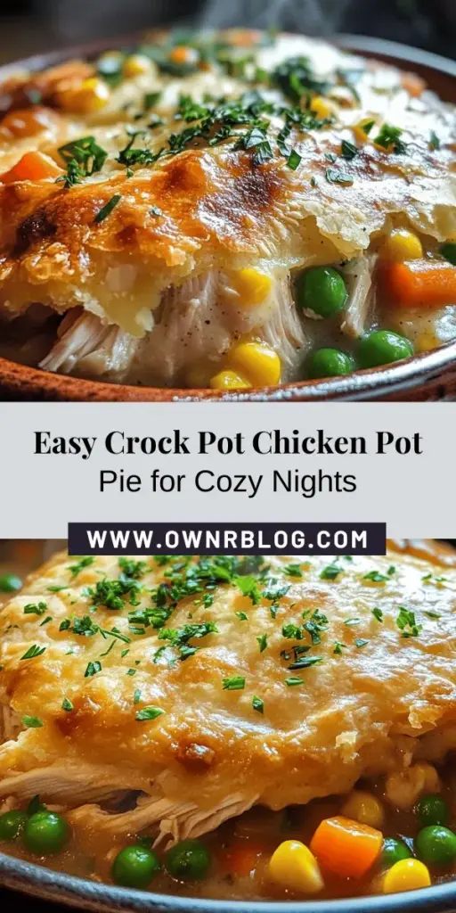 Warm up your evenings with this Cozy Crock Pot Chicken Pot Pie! This effortless recipe combines tender chicken, colorful veggies, and a creamy sauce, all encased in a flaky crust. Perfect for busy nights, it cooks slowly, allowing flavors to meld beautifully. Discover how easy it is to whip up this comforting classic that the whole family will love. Try it tonight! #ChickenPotPie #CrockPotRecipes #ComfortFood #EasyDinner #FamilyMeals #CozyCooking