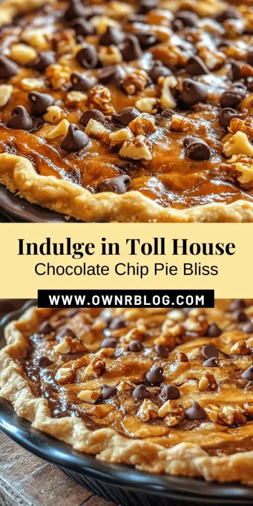 Indulge in the delightful Toll House Chocolate Chip Pie Delight, where classic chocolate chip cookie flavors meet rich, buttery pie. This easy-to-make dessert features a gooey filling loaded with chocolate chips and a tender crust, perfect for any occasion. Bake it to create warm memories and enjoy with ice cream or whipped cream for an extra treat. Discover how to make this cozy favorite and share the joy! #ChocolateChipPie #DessertRecipe #BakingJoy #HomemadeTreats #SweetIndulgence