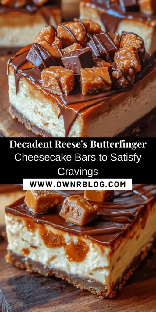 Indulge in the ultimate sweet treat with Reese’s Butterfinger Cheesecake Bars! These easy-to-make dessert bars feature a creamy cheesecake base, a crunchy graham cracker crust, and delectable toppings of Butterfinger pieces and Reese’s Peanut Butter Cups. Perfect for parties or family gatherings, they deliver a delightful blend of textures and flavors that are simply irresistible. Get ready to impress your friends and family! #Dessert #CheesecakeBars #Baking #Reeses #Butterfinger #SweetTreats #PartyFood #ChocolateLovers