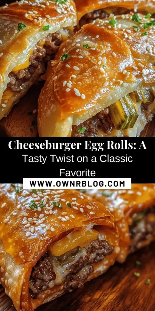 Discover the perfect fusion of flavors with Cheeseburger Egg Rolls! These crispy delights combine the classic taste of a cheeseburger with the crunch of egg rolls, making them a hit for any occasion. Customize your filling with spices, cheese, and even veggies to suit your taste. Easy to make and even easier to enjoy, these egg rolls are perfect as appetizers or main dishes. Dive into the deliciousness today! #CheeseburgerEggRolls #FusionFood #Appetizers #SnackIdeas #HomemadeGoodness