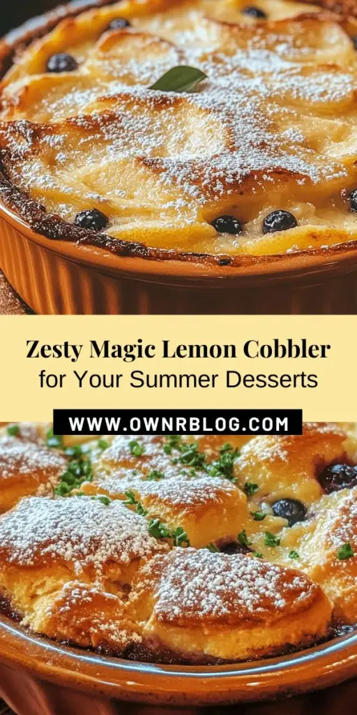 Discover the zesty goodness of Magic Lemon Cobbler, a refreshing dessert perfect for summer! This delightful treat combines tangy lemon flavor with a light, fluffy texture. Follow our step-by-step guide to create this easy recipe, featuring fresh ingredients like lemons and blueberries for an irresistible finish. Whether served warm with ice cream or styled with powdered sugar, this cobbler is sure to impress. Try it today! #MagicLemonCobbler #SummerDesserts #BakingFun #LemonDessert #EasyRecipes