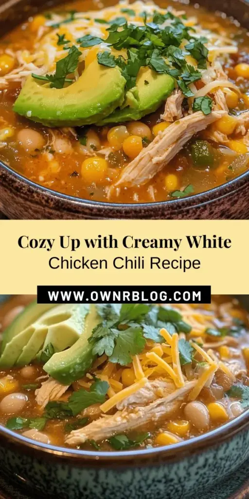 Warm up with our creamy white chicken chili, a delightful twist on traditional chili that's perfect for any occasion. This easy step-by-step recipe features tender chicken, white beans, and creamy goodness, making it a hearty meal that everyone will love. Customize it with your favorite toppings and enjoy its comforting flavors! Perfect for family dinners or gatherings. #WhiteChickenChili #ComfortFood #Recipe #HomeCooking #EasyRecipes #ChiliLove #Foodie