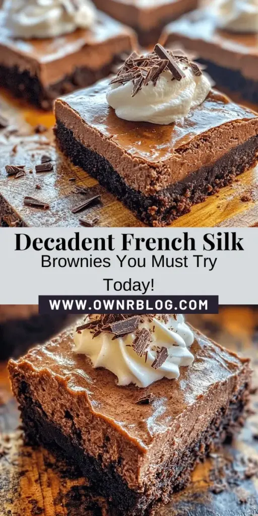 Indulge in the luxurious taste of Decadent French Silk Brownies, where a rich, fudgy brownie base meets a creamy French silk topping! This delightful dessert balances textures and flavors perfectly, making it an irresistible treat for any occasion. From impressing guests to satisfying your sweet tooth, these brownies are sure to leave everyone wanting more. Try this indulgent recipe and elevate your baking skills! #FrenchSilkBrownies #ChocolateLovers #DessertRecipes #BakingDelight #SweetTreats