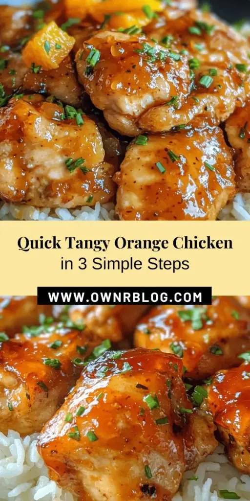 Discover the simplicity of Tangy 3-Ingredient Orange Chicken, a quick yet flavorful dish perfect for busy weeknights. With just chicken, orange marmalade, and BBQ sauce, you can create a deliciously glazed meal that delivers a sweet and savory explosion in every bite. Serve it over rice or with stir-fried veggies for a satisfying dinner that will impress family and friends. Easy to make and packed with flavor! #OrangeChicken #QuickDinner #EasyRecipes #WeeknightMeals #FoodieDelight