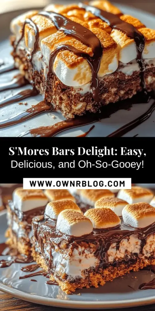 Discover the joy of S'Mores Bars Delight, a delicious twist on a classic campfire treat! These layered bars feature the perfect combination of crunchy graham crackers, rich chocolate, and fluffy marshmallows, all baked into one irresistible dessert. Perfect for parties or a sweet indulgence any time, this simple recipe will impress friends and family alike. Dive into nostalgia and enjoy every bite! #SMoresBars #DessertRecipes #Baking #SweetTreats #Nostalgia #EasyRecipes