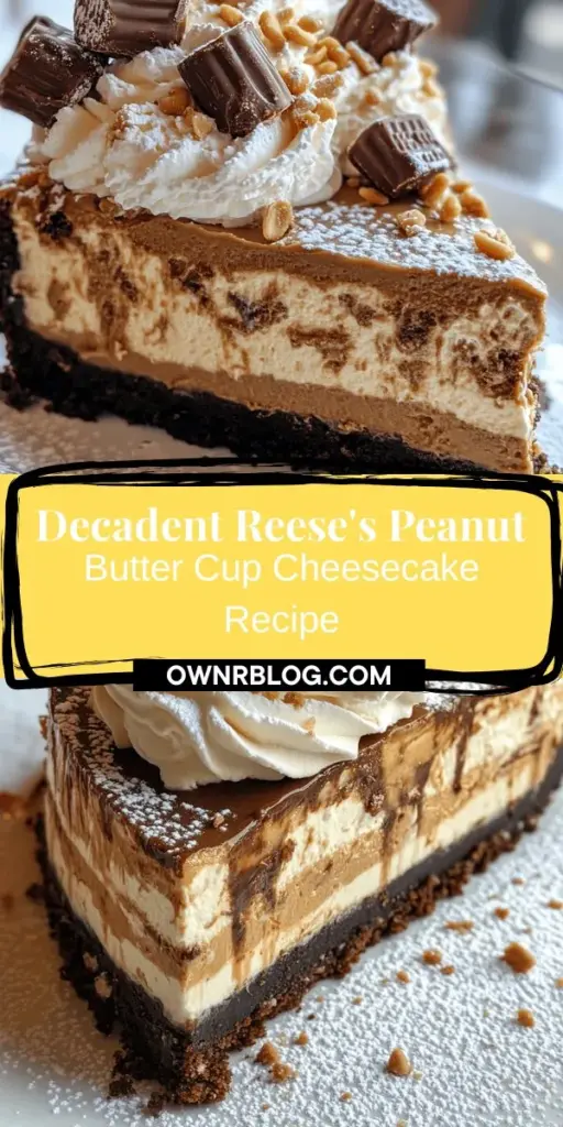 Indulge in the creamy, decadent delight of Reese's Peanut Butter Cup Cheesecake! This amazing recipe combines a rich chocolate cookie crust with a luscious peanut butter filling, topped with whipped cream and mini Reese's for the ultimate dessert experience. Perfect for birthdays, holidays, or any special occasion, this cheesecake will wow your guests and satisfy your sweet tooth. Try it today and elevate your dessert game! #Cheesecake #Reeses #DessertRecipe #BakingFun #SweetTooth