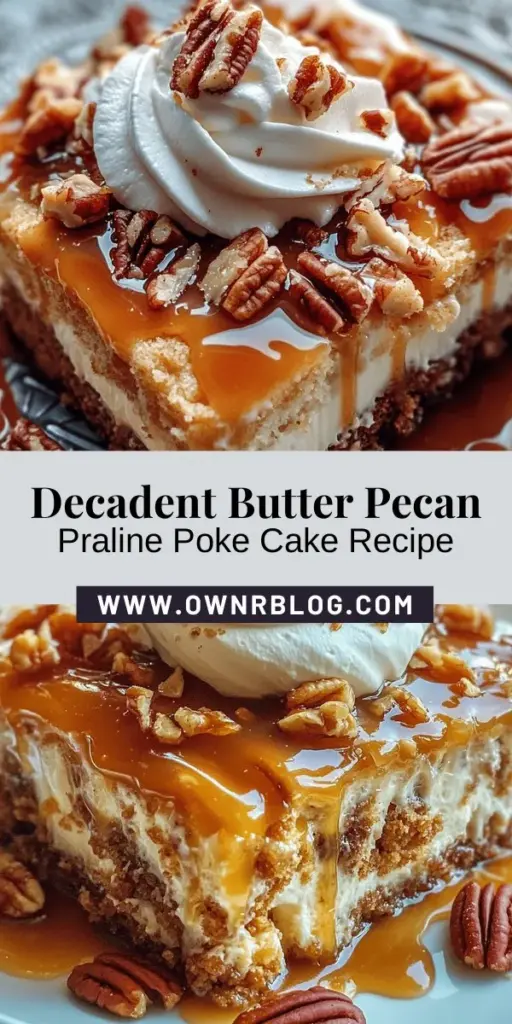 Indulge in the sweet goodness of Butter Pecan Praline Poke Cake! This delightful dessert features a moist cake infused with a rich praline sauce and a creamy frosting, making it perfect for any occasion. The combination of buttery pecans and caramel-like sauce creates a flavor explosion in every bite. Easy to make and visually stunning, it's sure to impress your guests! Try this mouthwatering recipe today and elevate your dessert game! #PokeCake #DessertLovers #BakingJoy #ButterPecan #SweetTreats #HomeBaking #CakeRecipe