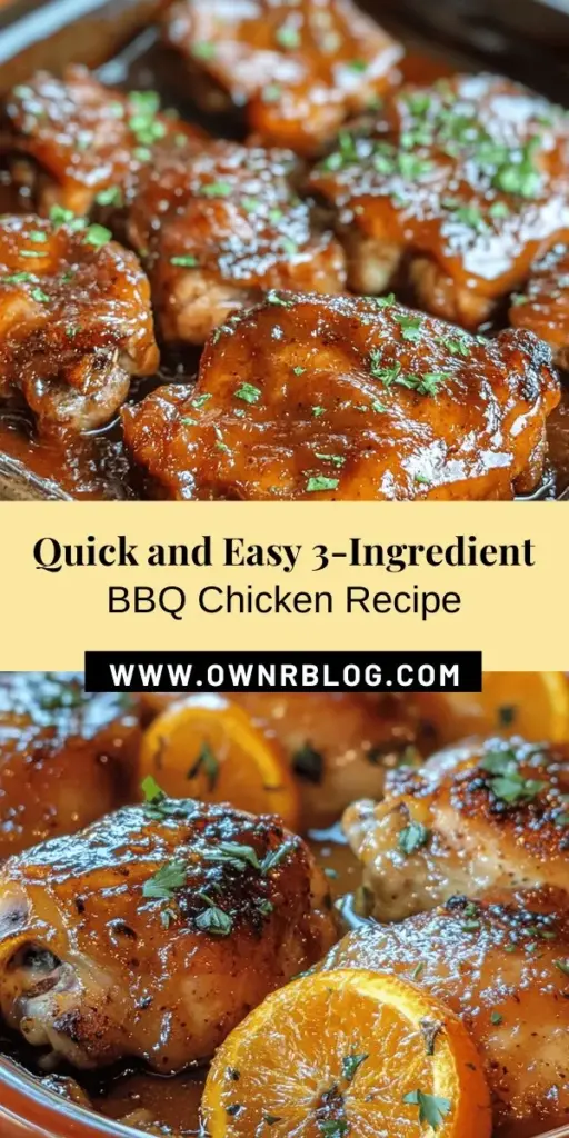 Looking for a quick and delicious dinner idea? Try this 3-Ingredient Orange Marmalade BBQ Chicken! With boneless chicken thighs glazed in a sweet and tangy mixture of orange marmalade and BBQ sauce, this dish is both simple and full of flavor. Perfect for busy weeknights or impressing guests, it's easy to prepare and even easier to enjoy! Elevate your meals with this tasty recipe. #ChickenRecipes #BBQChicken #3IngredientRecipes #EasyDinner #Foodie