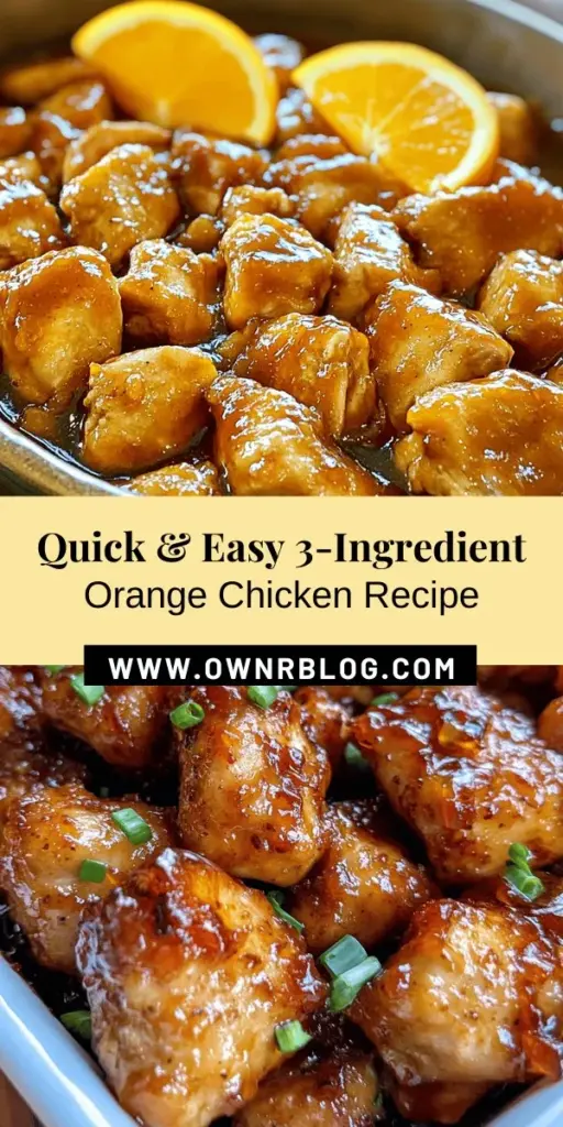 Looking for a simple yet delicious dinner option? Try this Zesty 3-Ingredient Orange Chicken recipe! You’ll impress your family with the perfect balance of sweet and tangy flavors. Made with boneless chicken and a quick marinade of orange marmalade and BBQ sauce, it's easy to whip up and cook in under an hour. Serve it with rice or veggies for a complete meal. Perfect for busy weeknights! #OrangeChicken #QuickRecipes #FamilyDinner #EasyCooking #YummyMeals