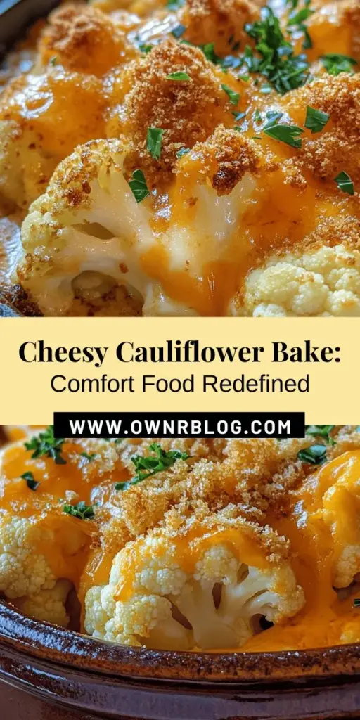 Discover the ultimate comfort food with this Cheesy Cauliflower Bake! This creamy, indulgent dish turns cauliflower into a savory delight everyone will love. Packed with nutrients and versatile for any meal, it's perfect for family dinners or potlucks. Enjoy the harmonious blend of cheese and cauliflower that satisfies cravings while keeping it nutritious. Try it today! #CheesyCauliflowerBake #ComfortFood #VegetarianRecipes #HealthyEating #CauliflowerDishes