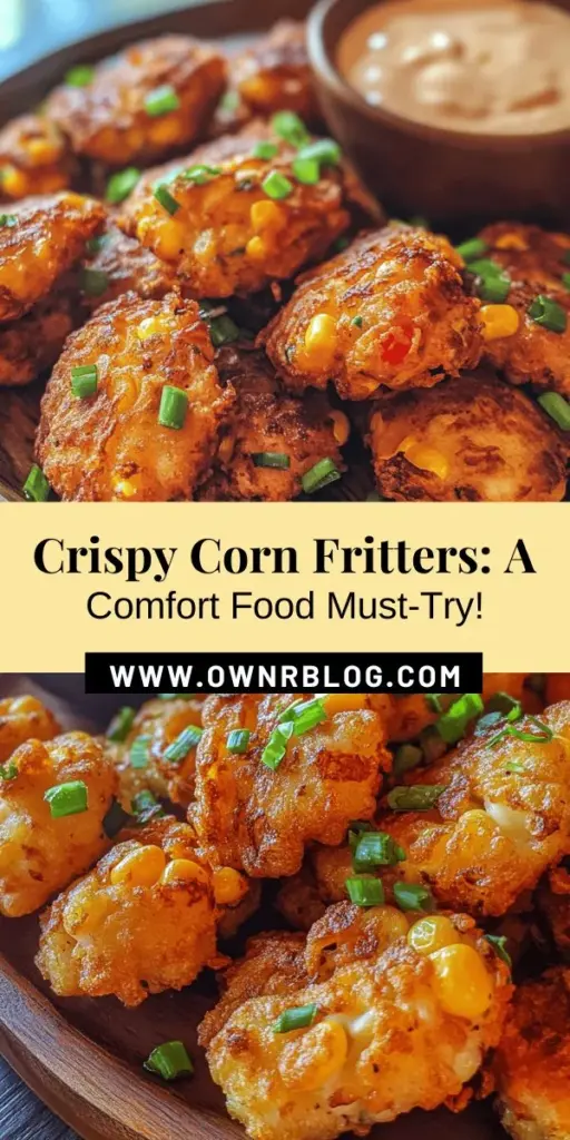 Immerse yourself in a delicious culinary journey with crispy corn fritters! These golden-brown delights are the perfect comfort food, whether as appetizers, snacks, or main dishes. Easy to make and bursting with flavor, they can be served at BBQs or family gatherings. Explore versatile variations and pairings, and indulge in a dish that showcases the sweet charm of corn. Elevate your meals today! #CornFritters #ComfortFood #EasyRecipe #CulinaryJourney #Foodie #SnackIdeas #PartyFood #VegetarianRecipes