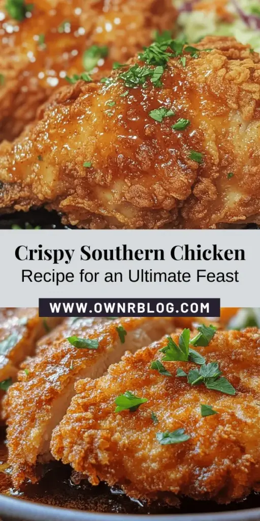 Discover the soulful delight of Crispy Southern Fried Chicken, a beloved staple of Southern cuisine that brings family and friends together. This easy recipe combines buttermilk marinated chicken with a flavorful seasoned coating, fried to golden perfection. Elevate your meals with classic sides like mashed potatoes and coleslaw for a true Southern feast. Embrace the tradition and flavor—perfect for any gathering! #FriedChicken #SouthernCooking #ComfortFood #Foodie #HomeCooking